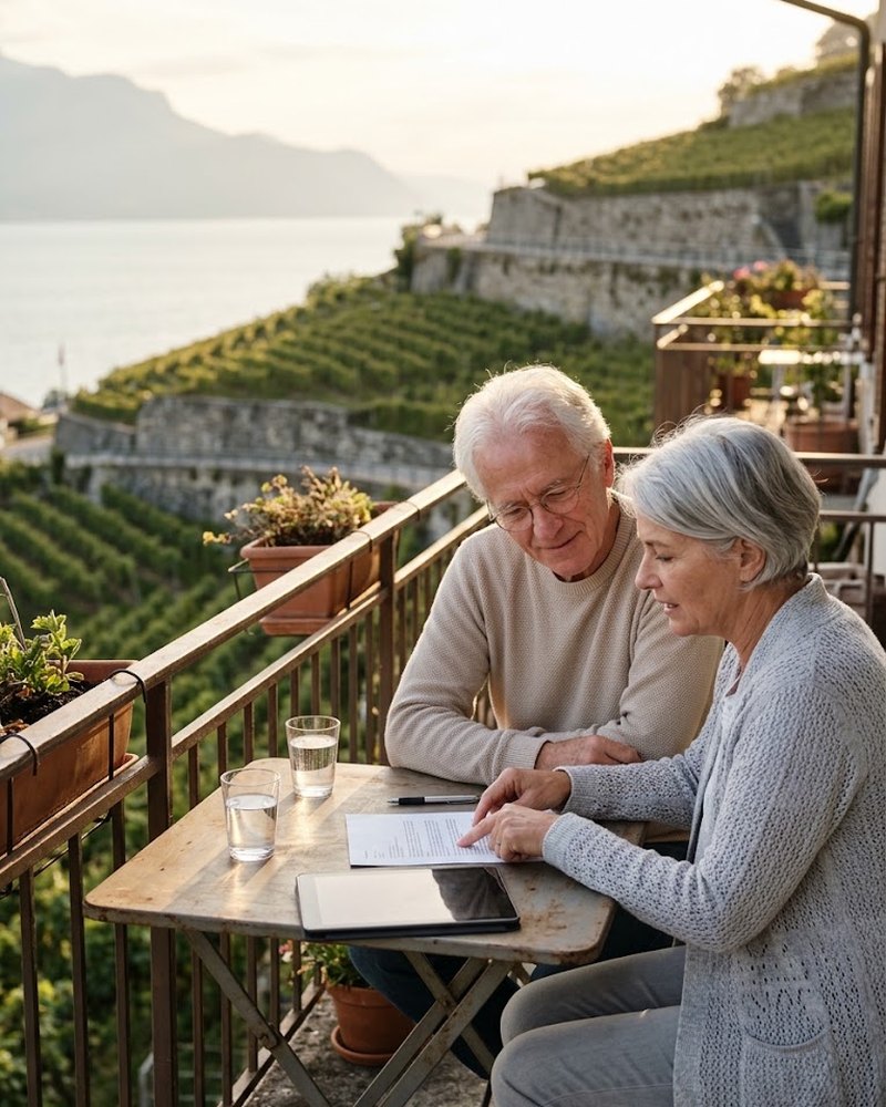 Couple de pré-retraités sur un balcon de Lavaux (image d’illustration)