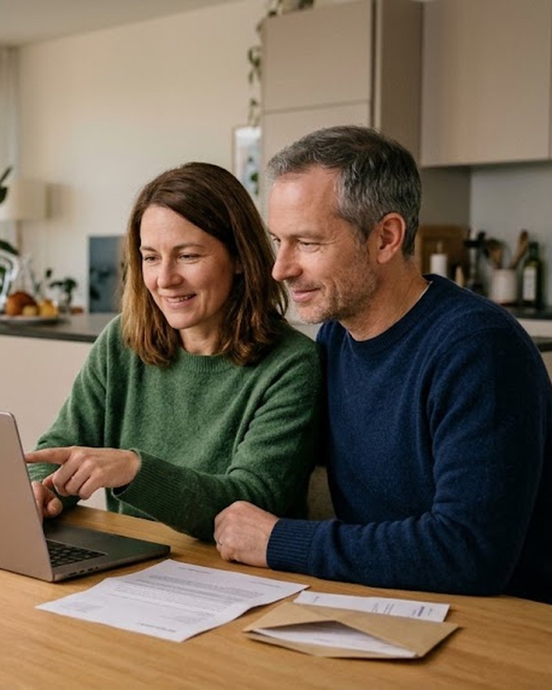 Couple d’une quarantaine d’années devant un ordinateur (image d’illustration)